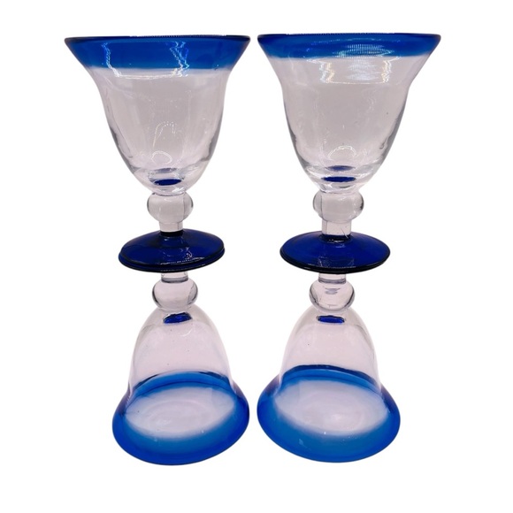 Vintage Mexican Hand Blown Cobalt Blue Rim/Bottom Wine Glasses Goblets Set of 4 - Picture 9 of 16